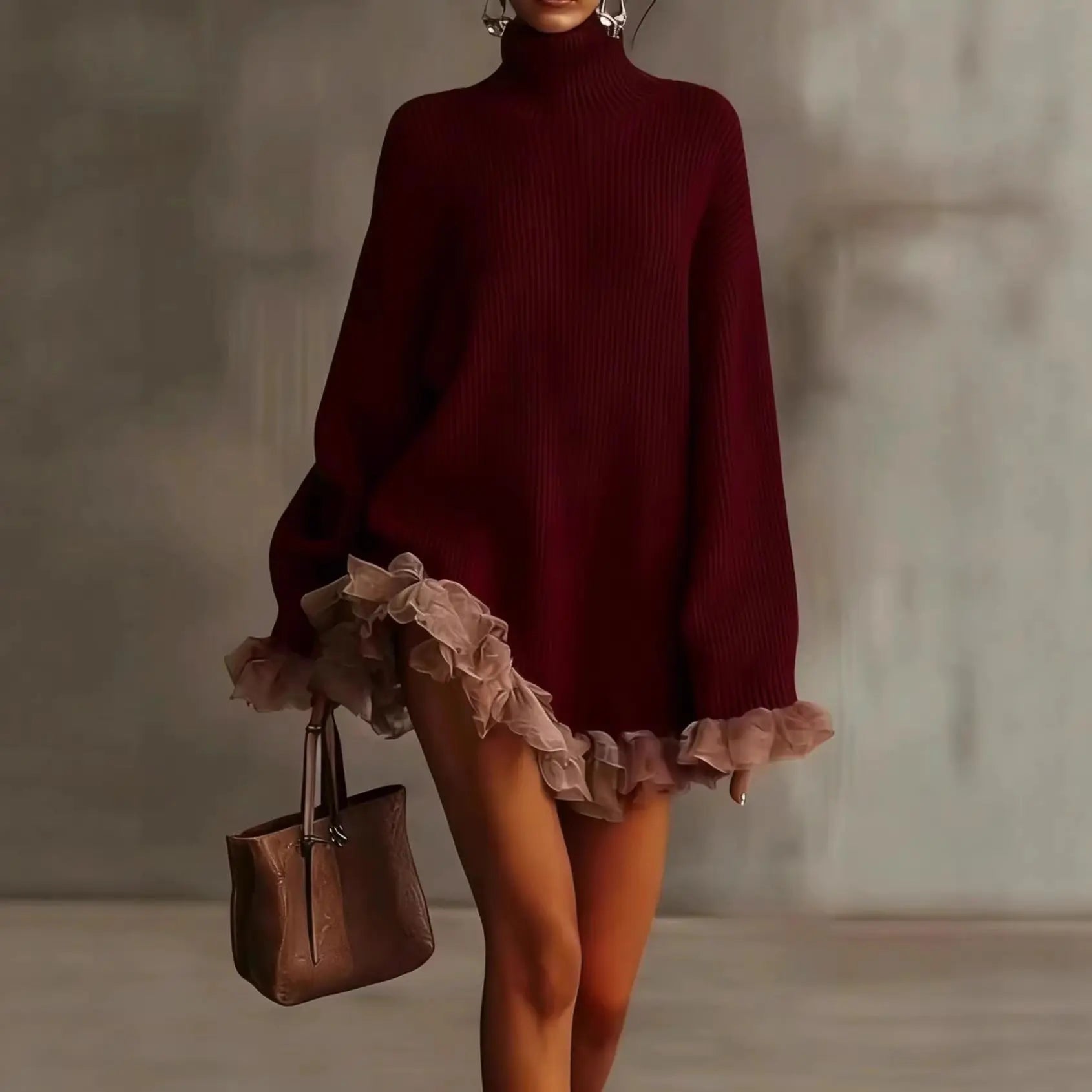 High neck knitted small groove strip with ruffle edge splicing long sleeve eprolo