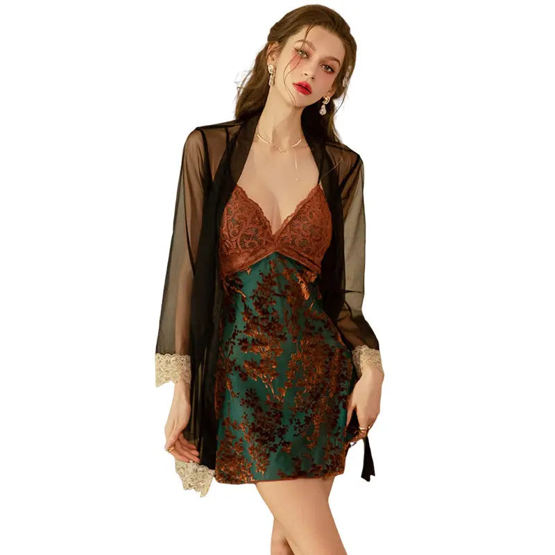 Lace Burnout Sleepwear Backless Strappy Nightdress with Mesh Robe eprolo