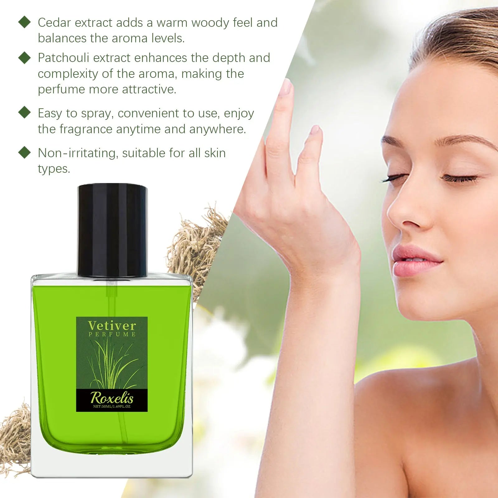 Roxelis Vetiver Fresh Perfume Exudes Charm Natural Fresh Elegant Fragrance Stay Fragrance Everyday Portable Fragrance Perfume eprolo
