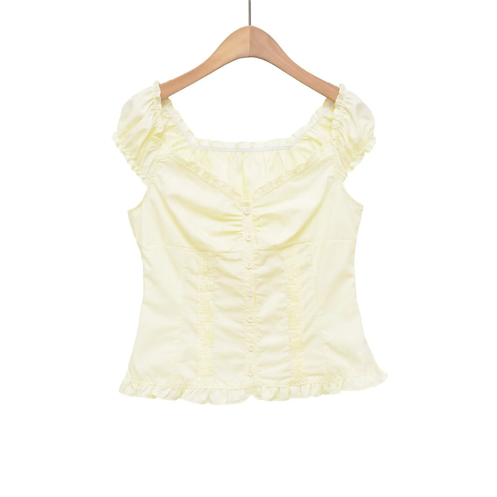 Solid Color Short Sleeve Button-Up Collar Women's Top eprolo