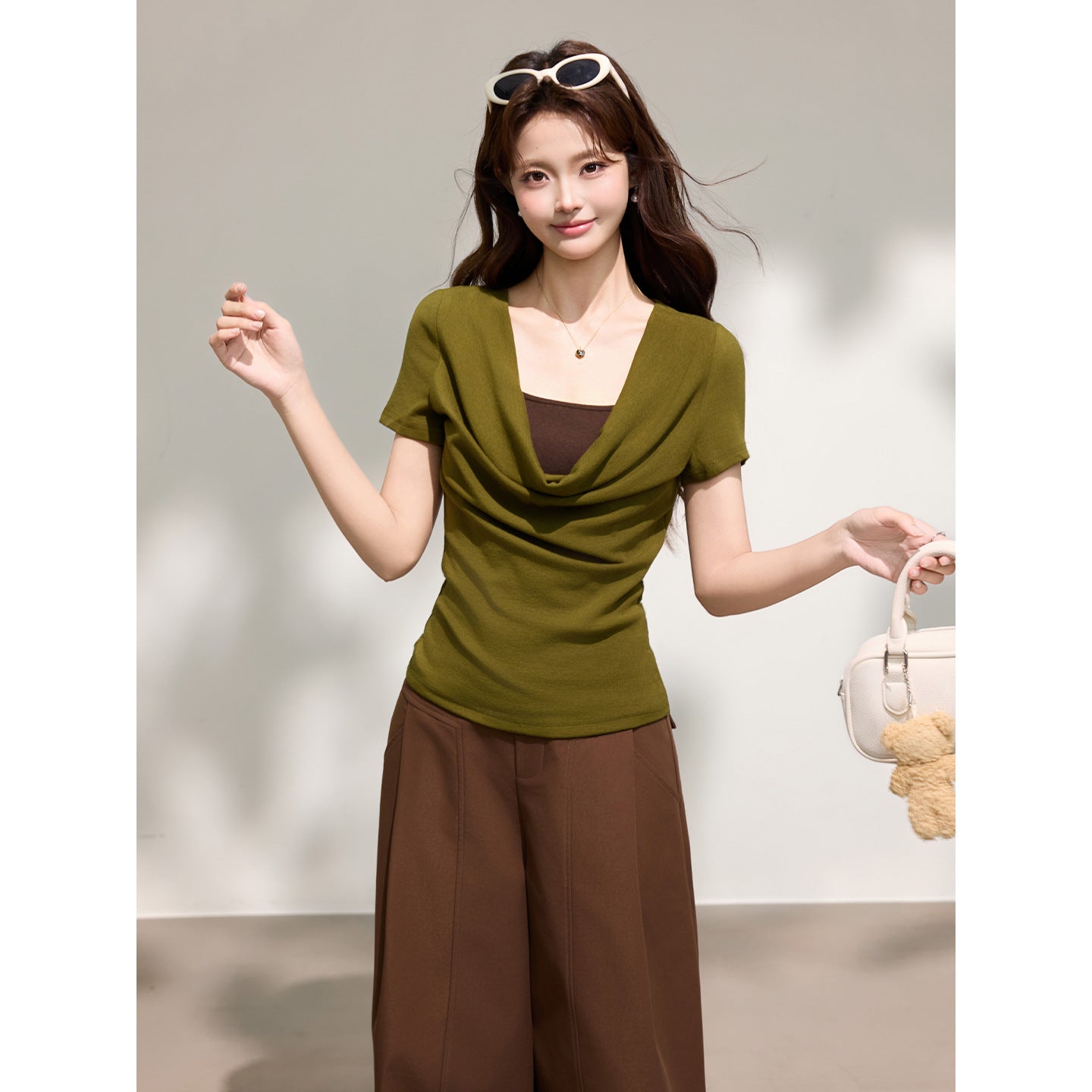 False Two-Piece Drape Neck Short Sleeve T-Shirt eprolo
