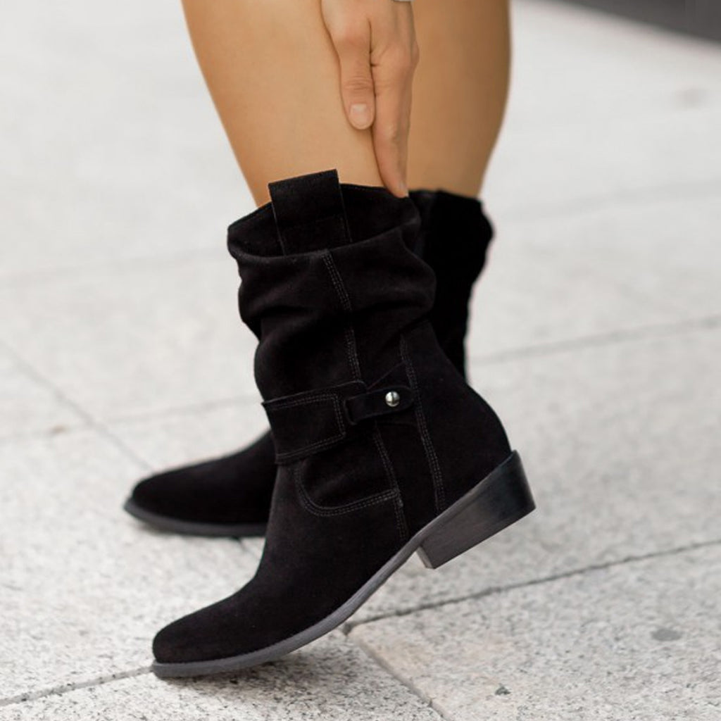 Low heeled square heeled suede pleated low cut boots eprolo