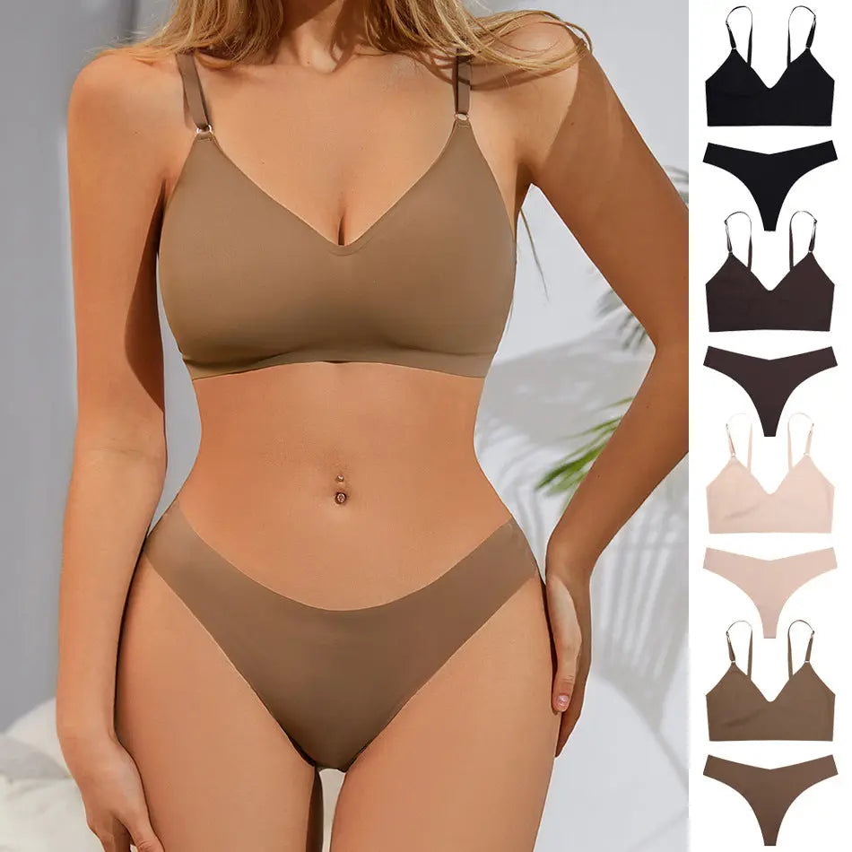 Large size V-neck underwear set for women, no steel ring seamless underwear with briefs for women eprolo