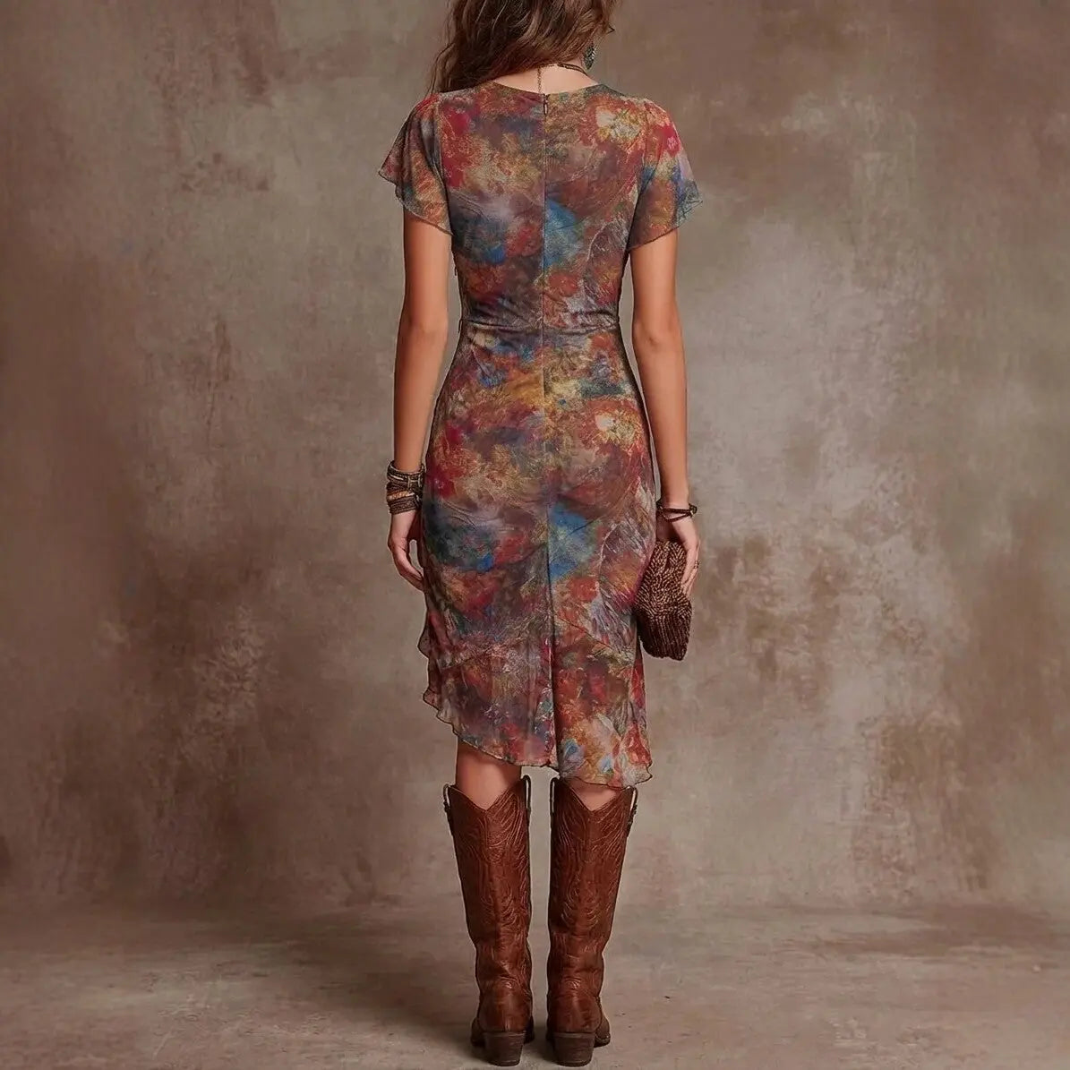 Printed V-neck waist cinching dress eprolo