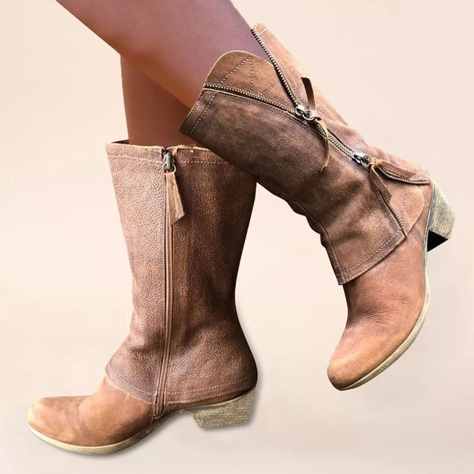 Side zipper thick heel mid leg knight boots for women retro round toe mid heel thin leather boots eprolo