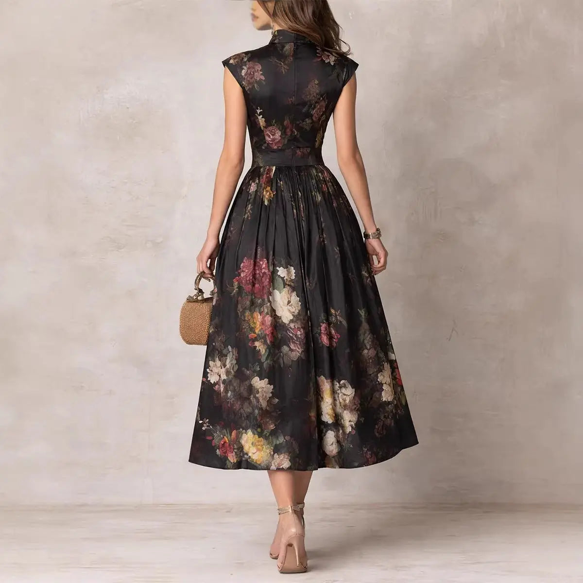 Sleeveless black digital printed long skirt eprolo