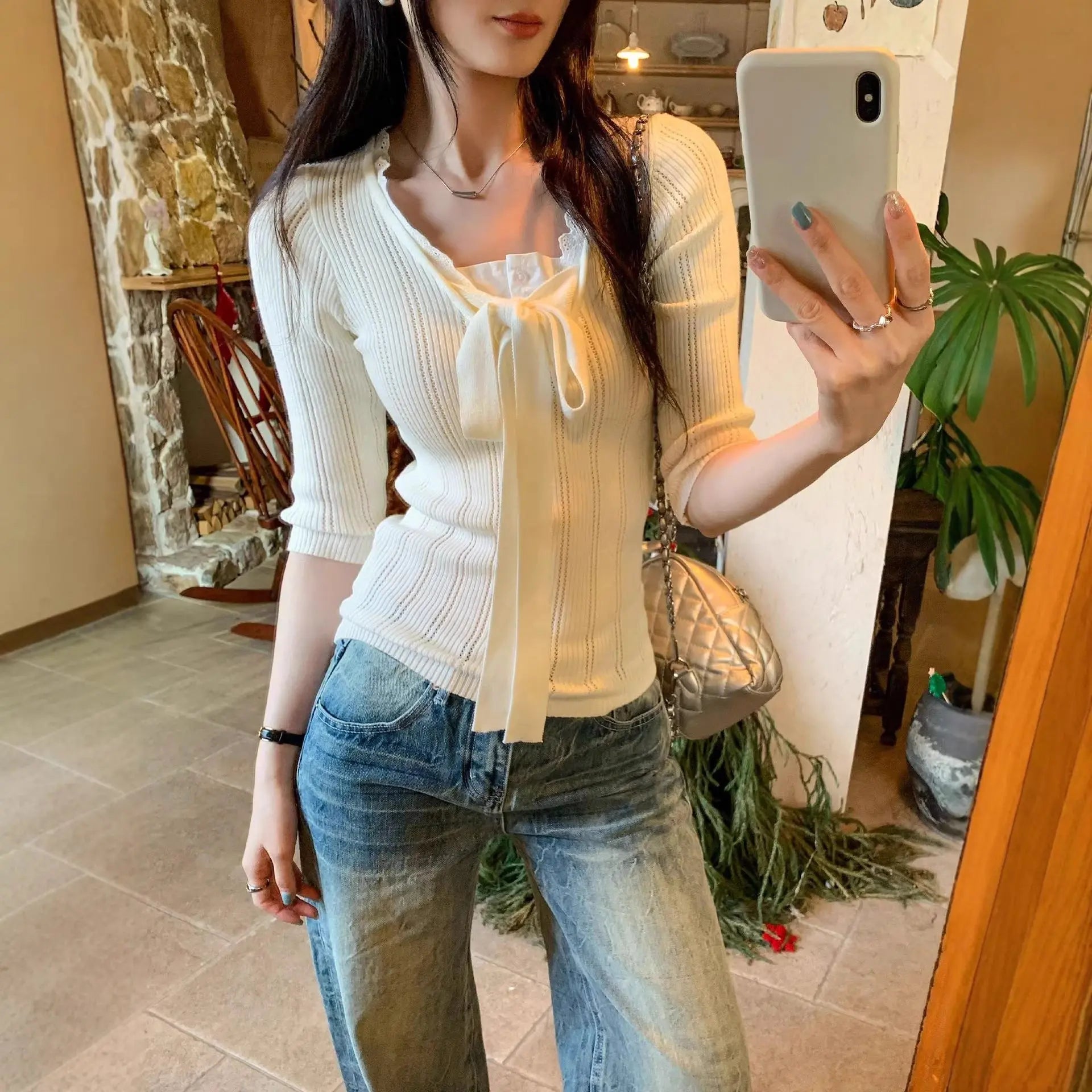 Lace Spliced Mock Two-Piece Knotted Knit Top for Women eprolo