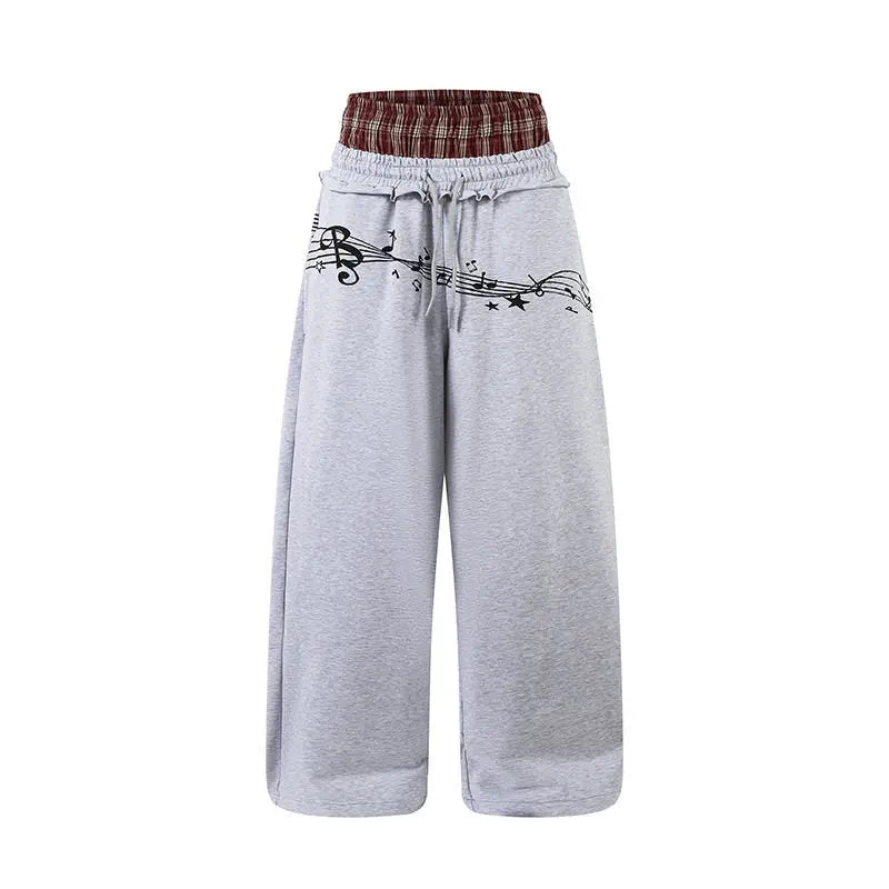 Double Waistband Design Spring Casual Wide Leg Pants with Music Note Graffiti Loose Fit My Store