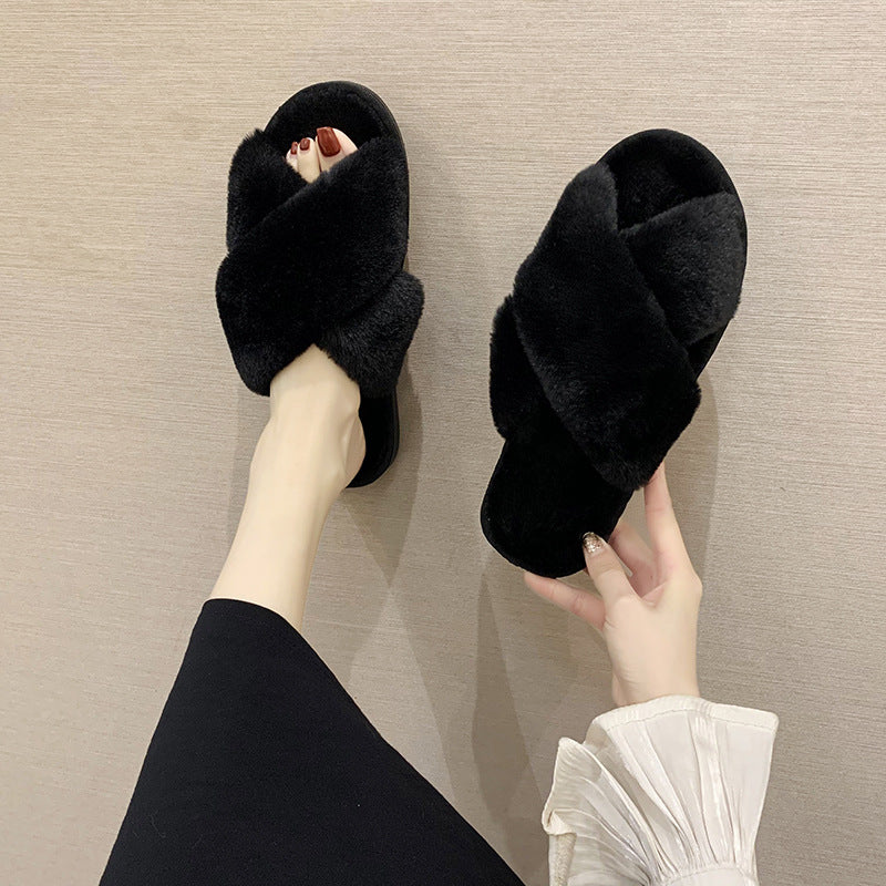 Hairy slippers with crossed rabbit fur and exposed toes eprolo
