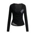 Lace patchwork slanted shoulder long sleeved T-shirt for women eprolo