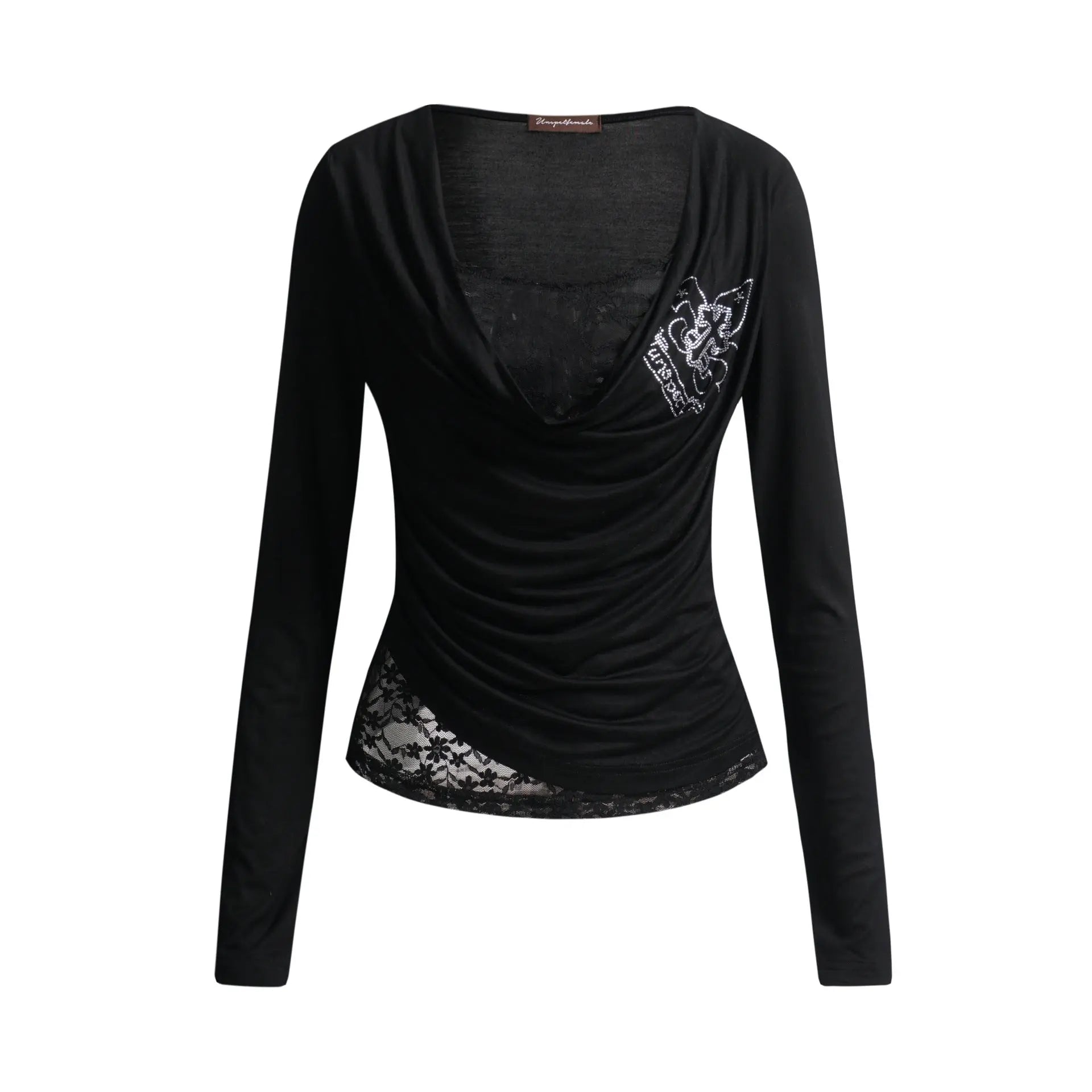 Lace patchwork slanted shoulder long sleeved T-shirt for women eprolo