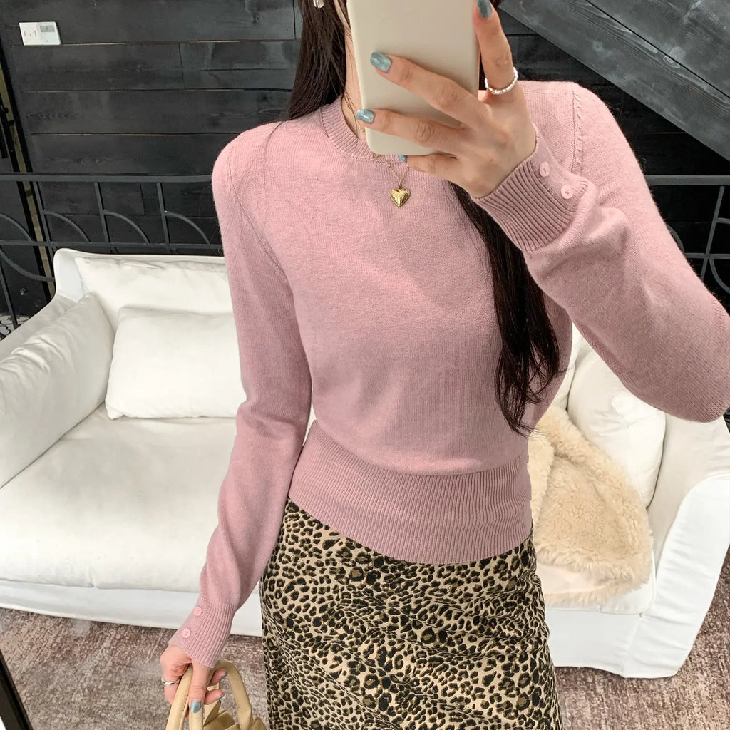 Soft Pink Round Neck Knit Top for Women, Fitted Slim Fit, Short Length Innerwear Sweater eprolo