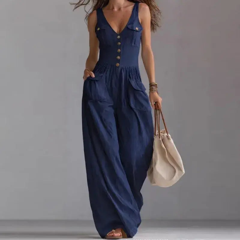 Pocket V-neck button vest jumpsuit for women eprolo