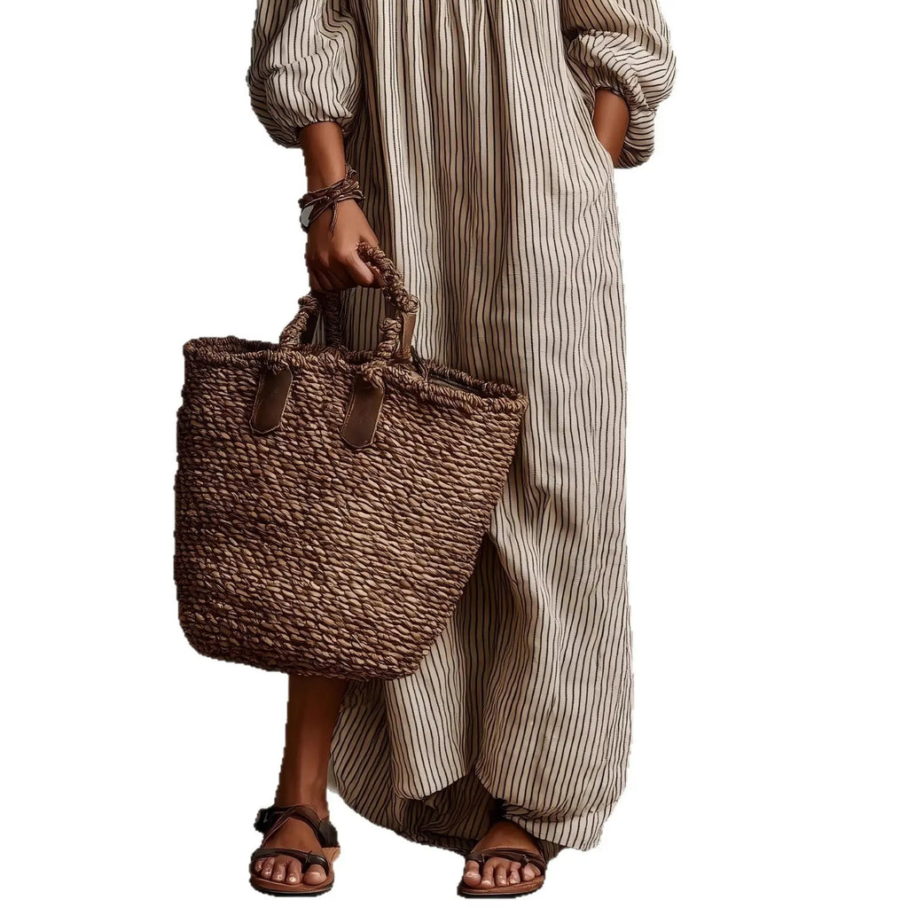 Shoulder revealing long sleeved dress with stripes eprolo
