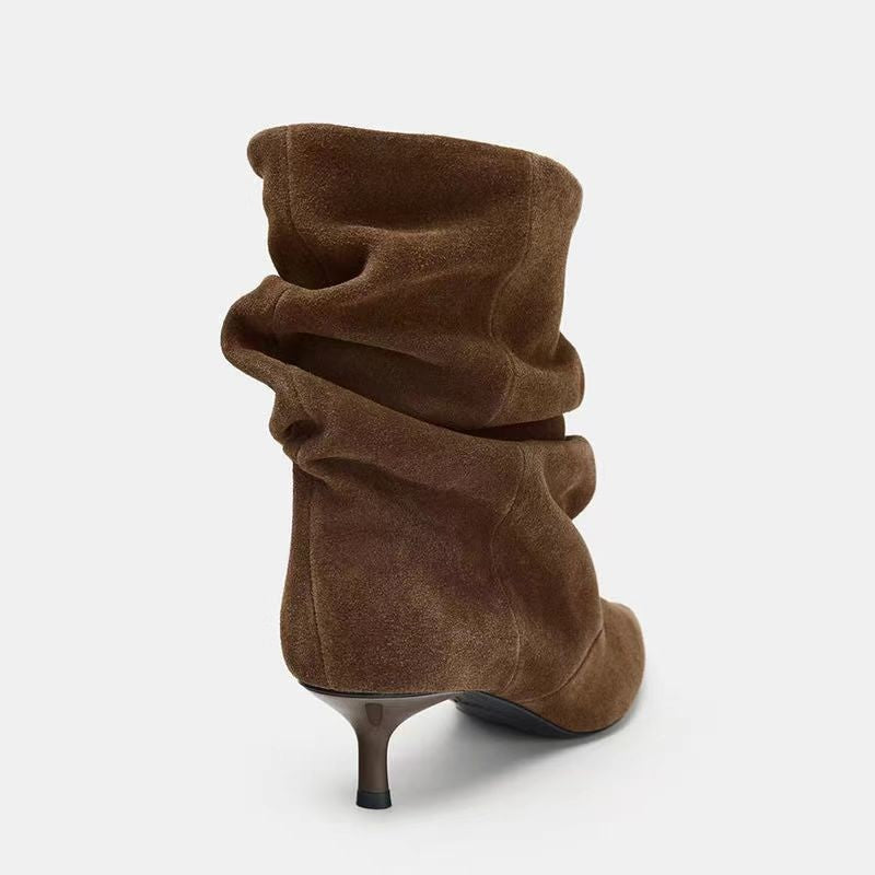 Pleated Mid-Calf Boots for Women Pointed Toe Medium Heel Velvet Boots eprolo