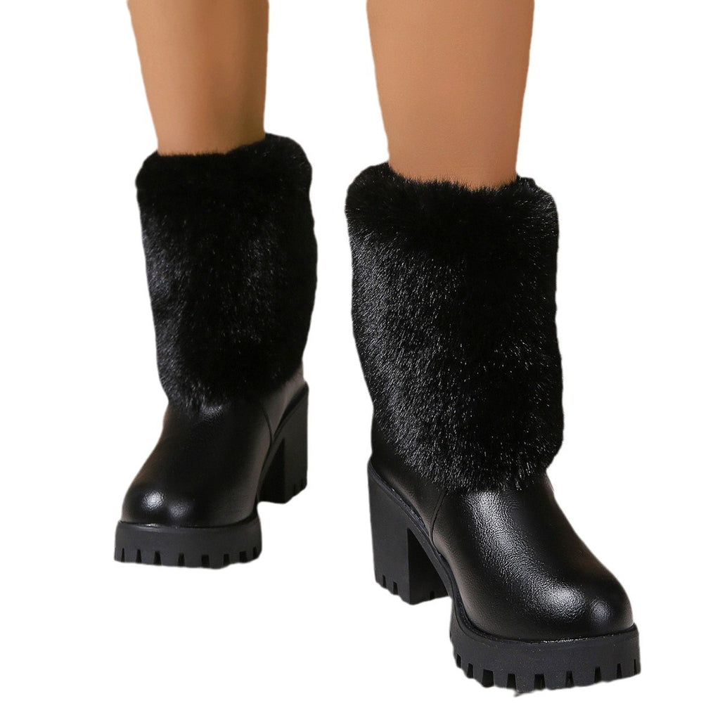 Fashion Winter Snow Boots Women's High Heel Short Boots with Thick Fleece Lining Warm Cotton Boots with Thick Chunky Heel Slip-Resistant Women's Boots eprolo