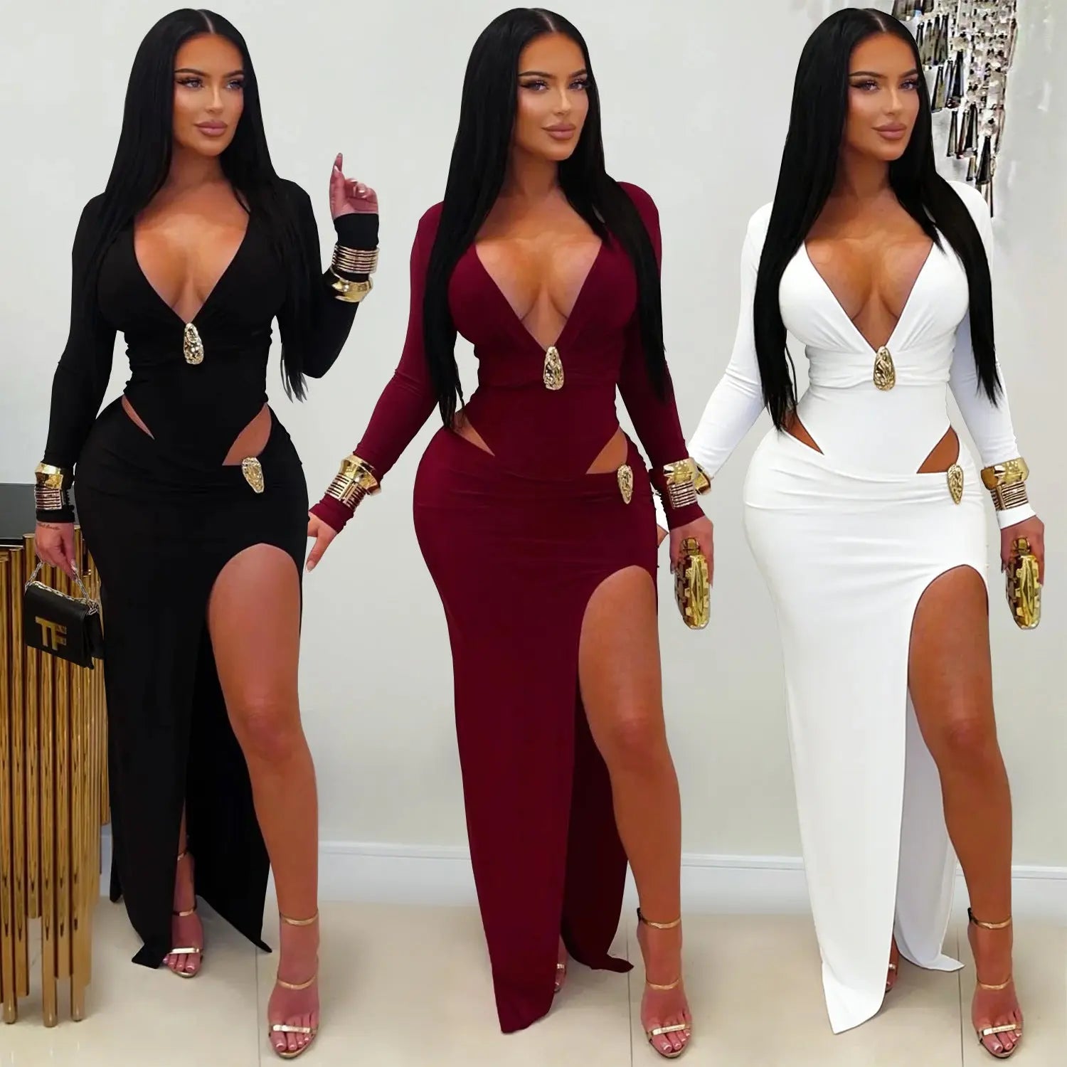 V-neck solid color long sleeved hip hugging dress eprolo