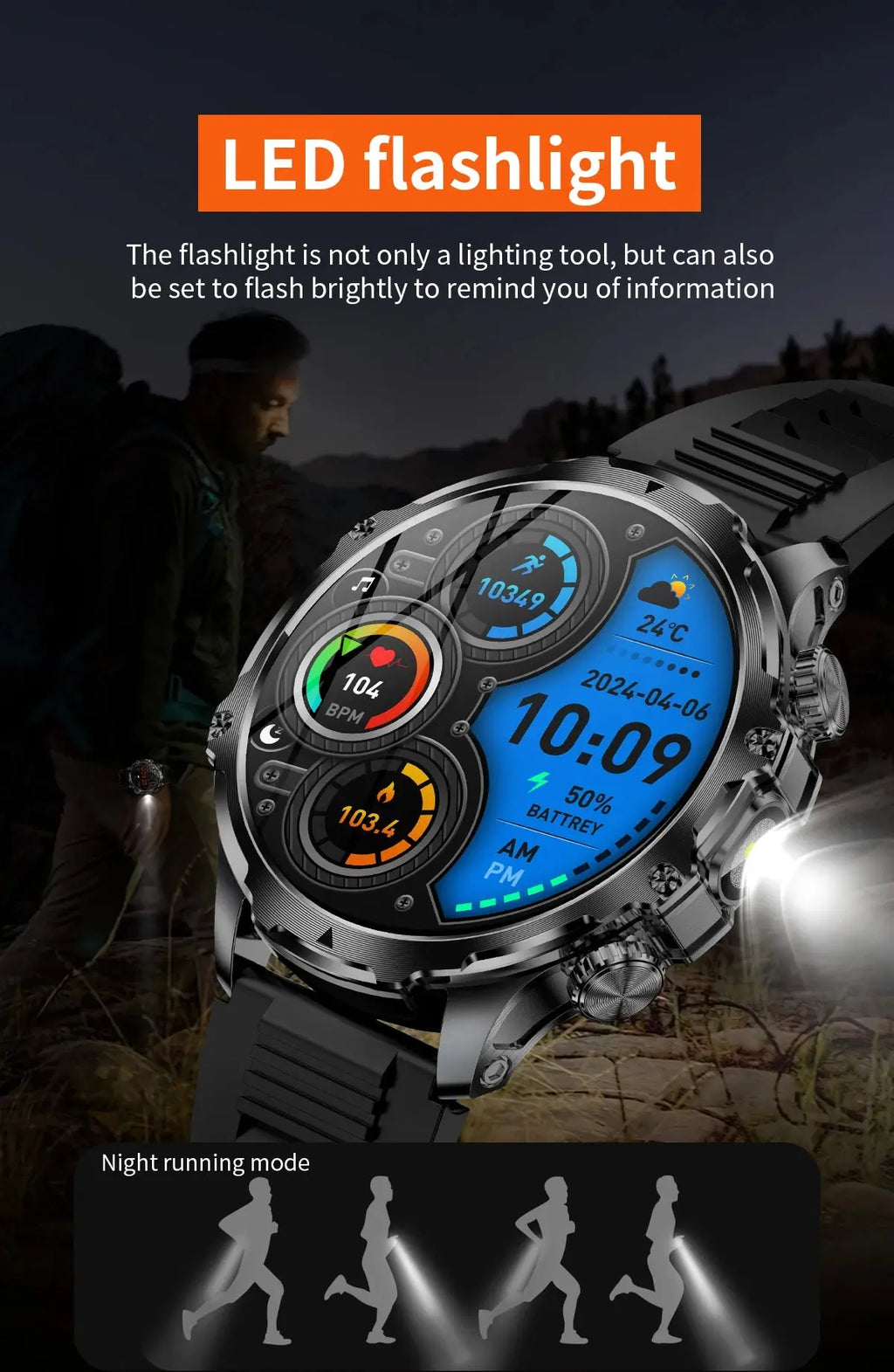AK75 Smart Watch Flashlight  Men Outdoors Sports Fitness Tracker 700mah Large Battery BT Calling LED Light Smartwatch eprolo