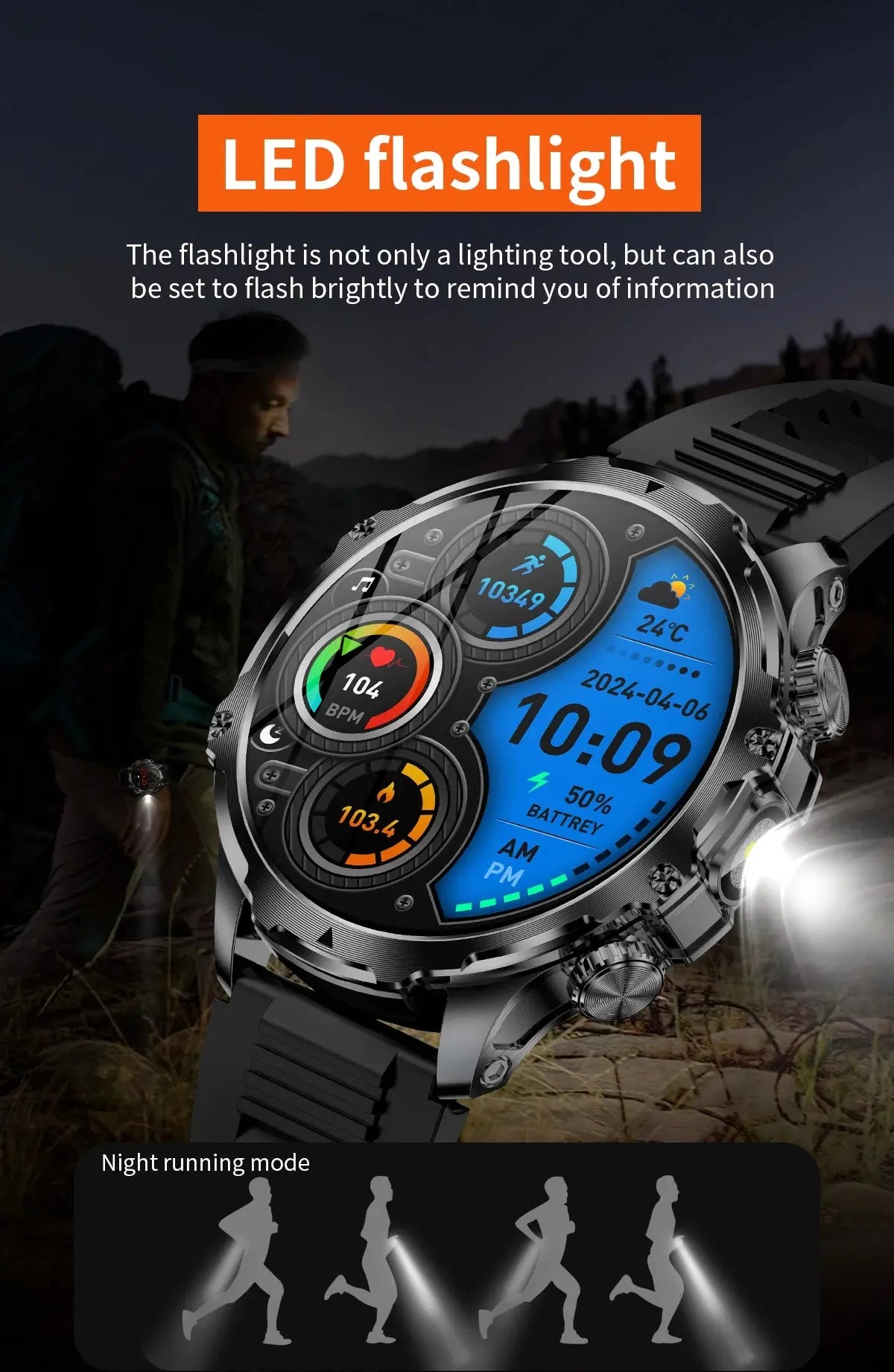 AK75 Smart Watch Flashlight  Men Outdoors Sports Fitness Tracker 700mah Large Battery BT Calling LED Light Smartwatch eprolo