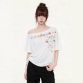 Off-Shoulder Short Sleeve T-Shirt for Women  Cartoon Print Irregular Design Stylish Top eprolo