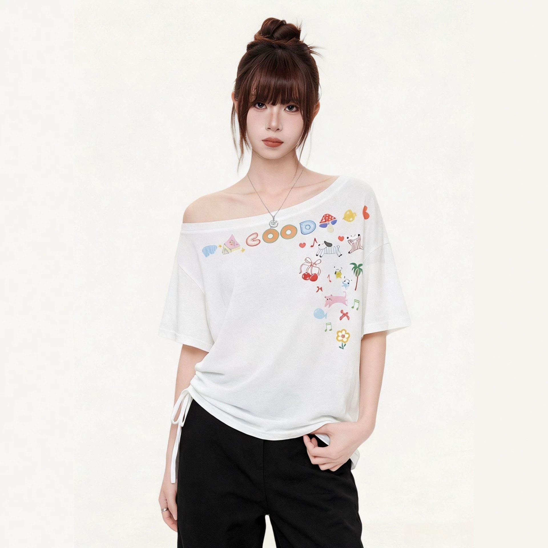 Off-Shoulder Short Sleeve T-Shirt for Women  Cartoon Print Irregular Design Stylish Top eprolo