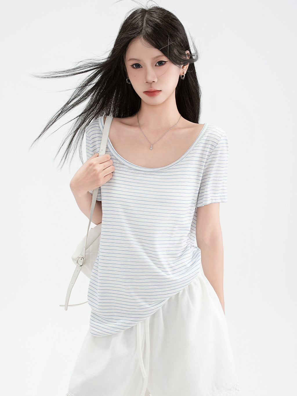 blue and white striped off-shoulder design short sleeve T-shirt for women eprolo