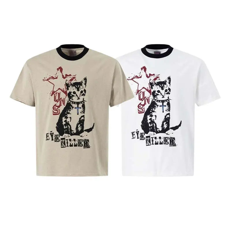 Cat print round neck short sleeved shirt eprolo