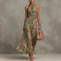 Wrinkled hip bag mesh printed irregular slit letter suspender dress eprolo