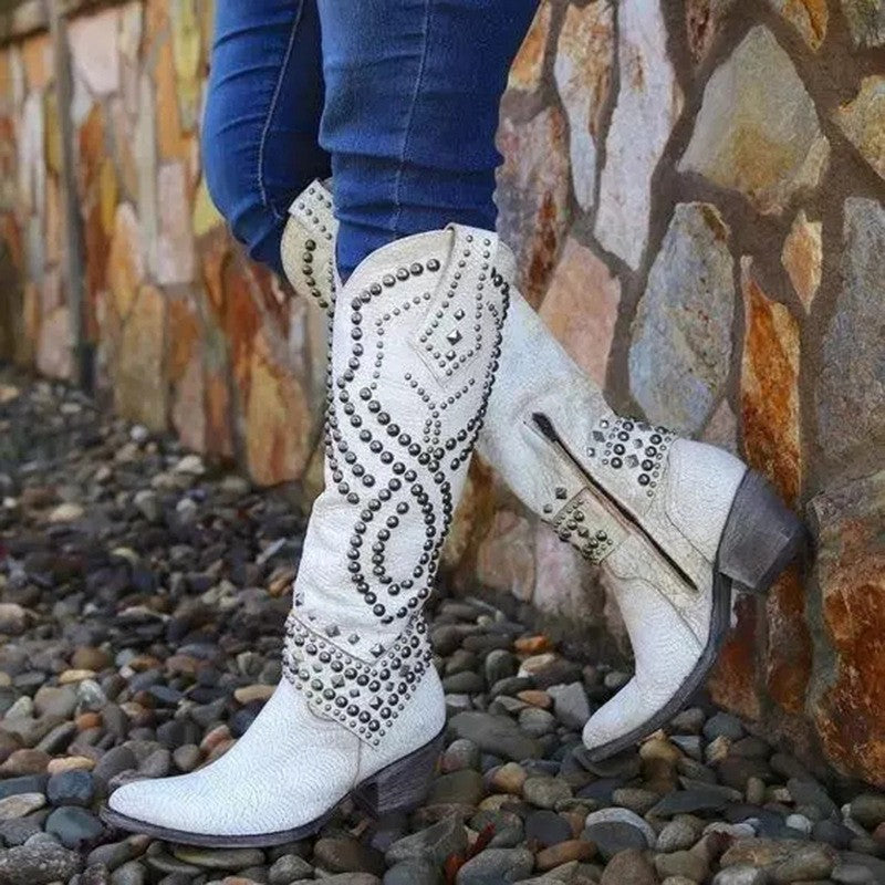 Riveted long boots thick heel middle heel riveted high heeled women's boots eprolo