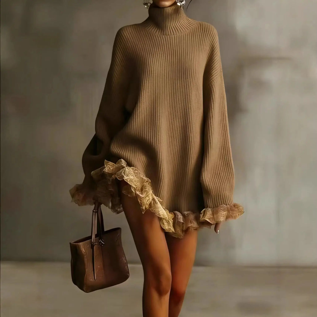 High neck knitted small groove strip with ruffle edge splicing long sleeve eprolo