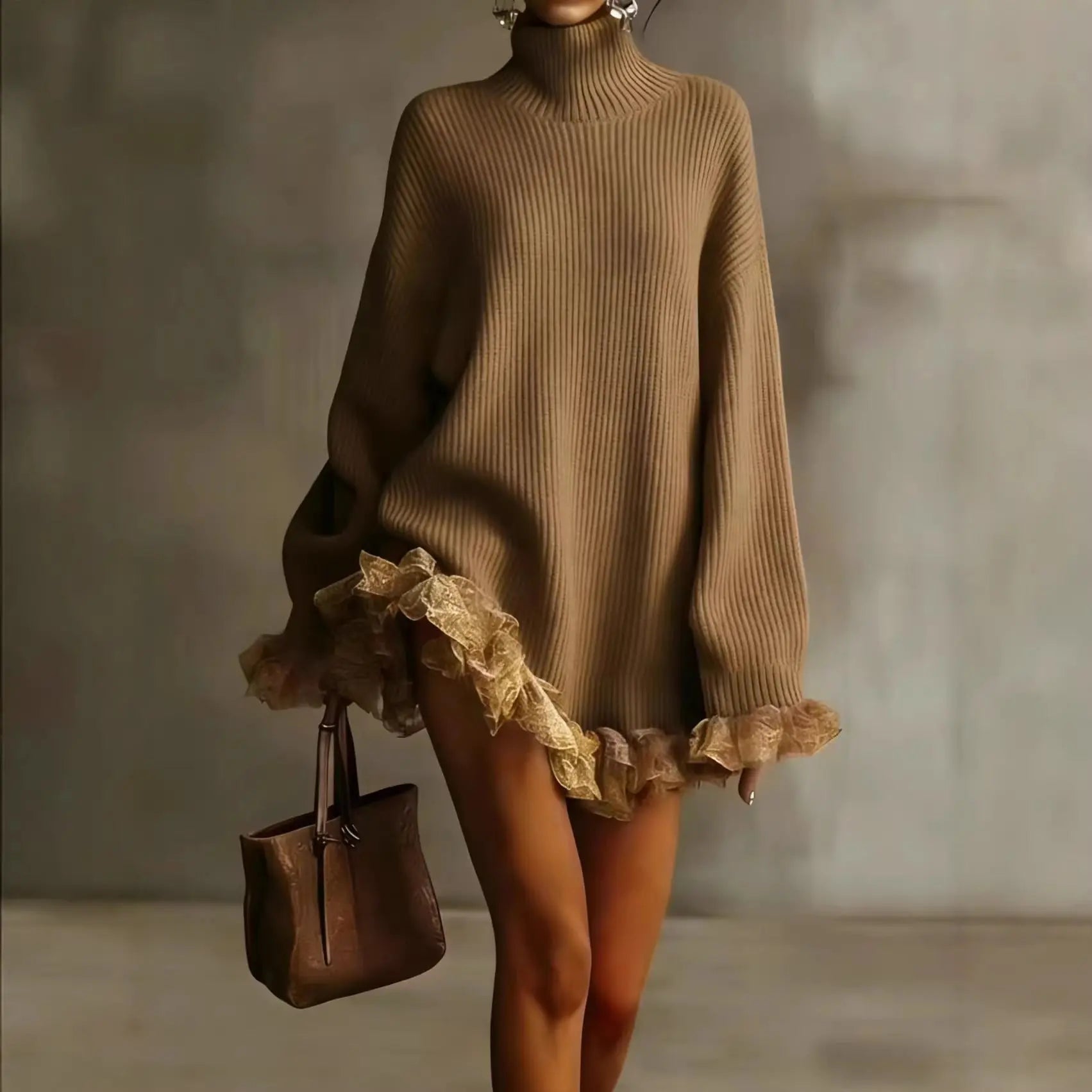 High neck knitted small groove strip with ruffle edge splicing long sleeve eprolo