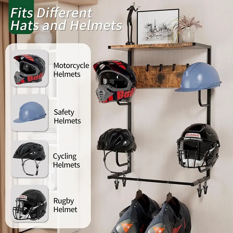 Wooden Motorcycle Helmet Wall Mount, 4 Hat Racks with 4 Helmet Hooks, Wall Display Storage for Bike Gear eprolo