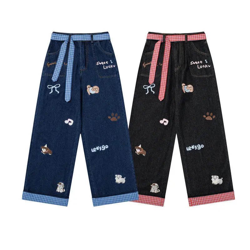 Plaid Denim Pants for Men and Women Loose and Personal Wide Leg Pants eprolo