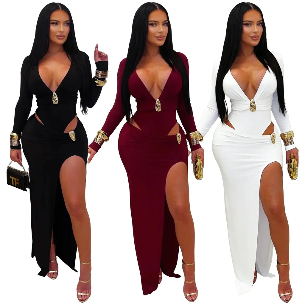 V-neck solid color long sleeved hip hugging dress eprolo