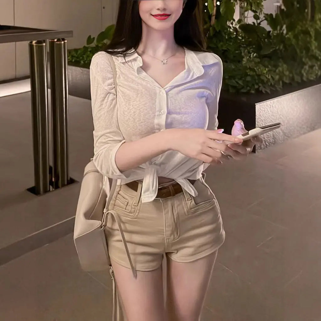 Snow Cotton Semi-Transparent Mid-Sleeve Shirt Pure Desire Style Sexy Blouse for Women eprolo