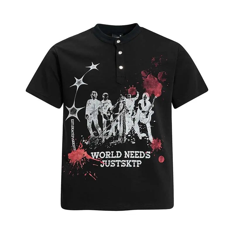 Rock singer letter print single row button short sleeved shirt eprolo