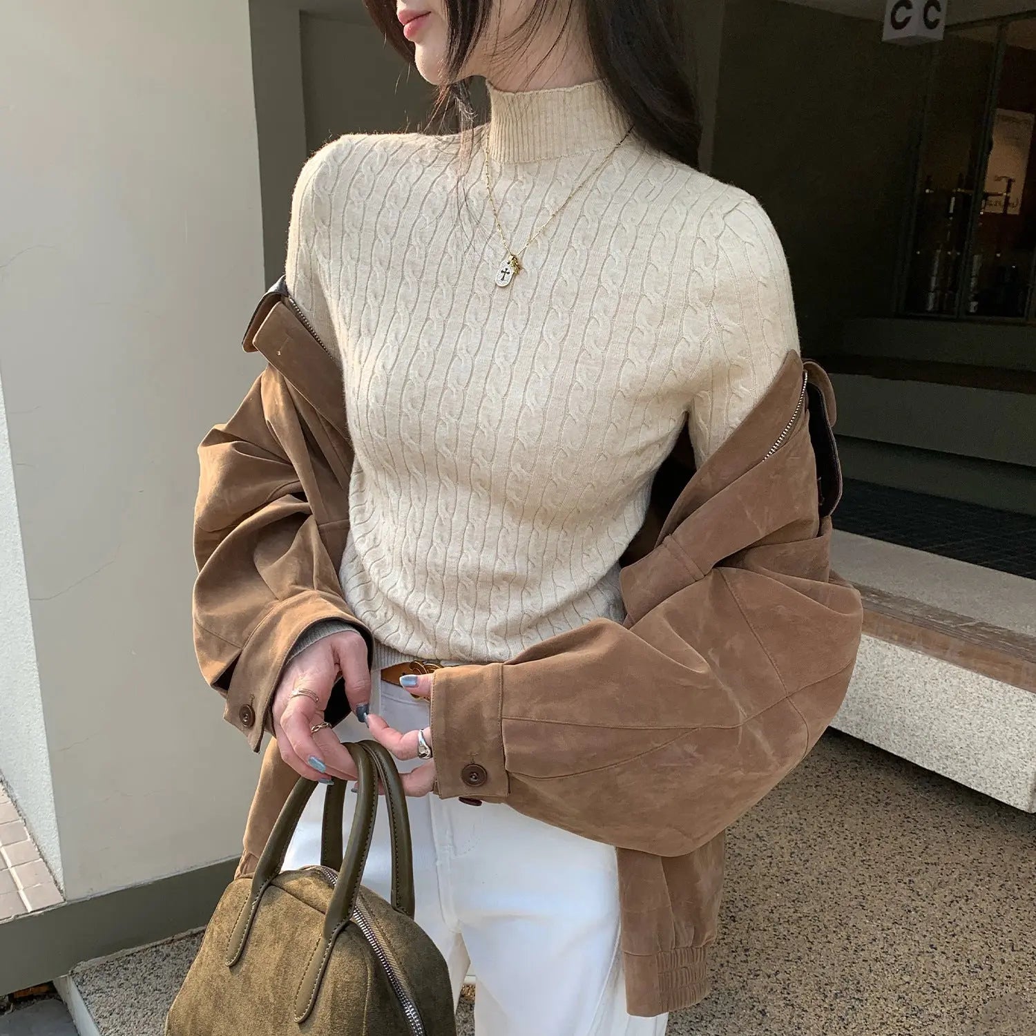 Chic Gray Cable Knit Crewneck Sweater Top for Women,  Slim Fit Short Length Underwear Shirt eprolo