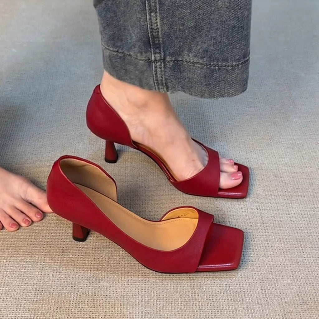 Sexy Toe-Opening Ankle Strap Sandals for Women French Retro Side Hollow Genuine Leather Square Toe High Heels to Match Dresses eprolo
