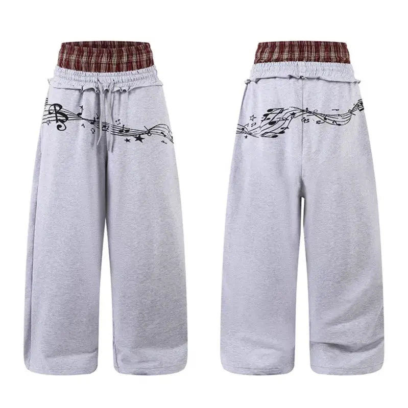 Double Waistband Design Spring Casual Wide Leg Pants with Music Note Graffiti Loose Fit My Store