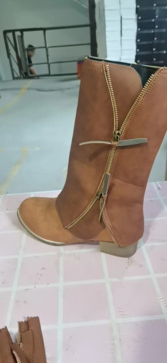 Side zipper thick heel mid leg knight boots for women retro round toe mid heel thin leather boots eprolo
