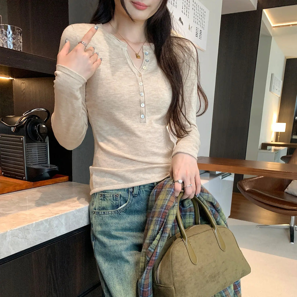 Henry Neck Long Sleeve Inner Layer Women's T-Shirt,  Slim Fit, Charming Half-Open Collar Top eprolo