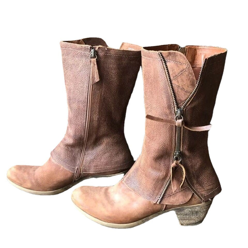 Side zipper thick heel mid leg knight boots for women retro round toe mid heel thin leather boots eprolo