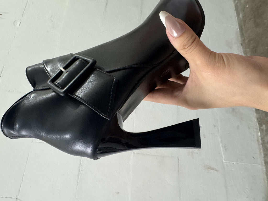 Faux Leather Pointed Toe High Heel Ankle Boots with Buckle Detail for Women eprolo