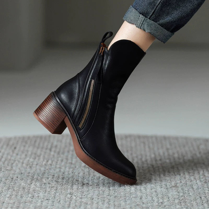 Round headed double zipper thick heel sponge bottom brown retro Martin boots for women eprolo