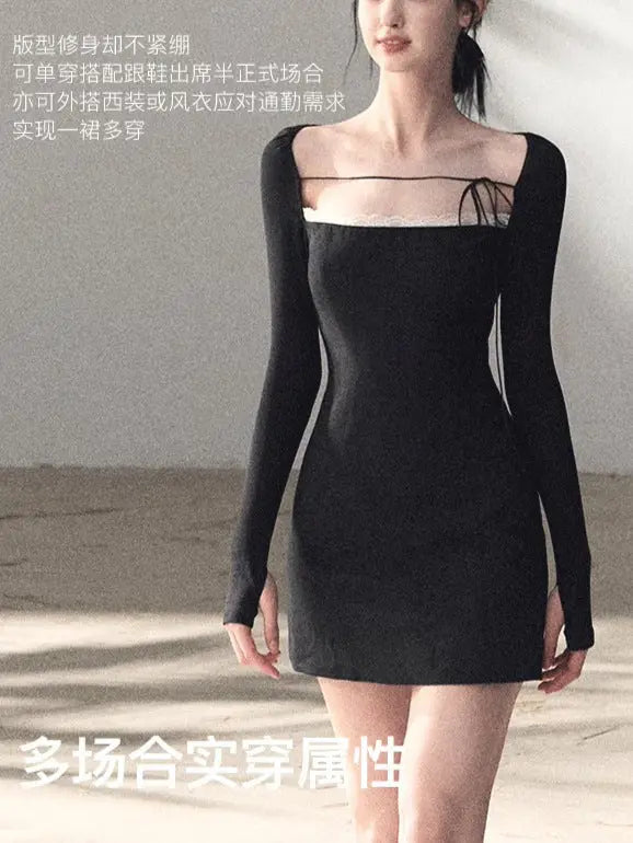 Sexy Black Fitted Long Sleeve Dress for Women  Slim Short Dress eprolo