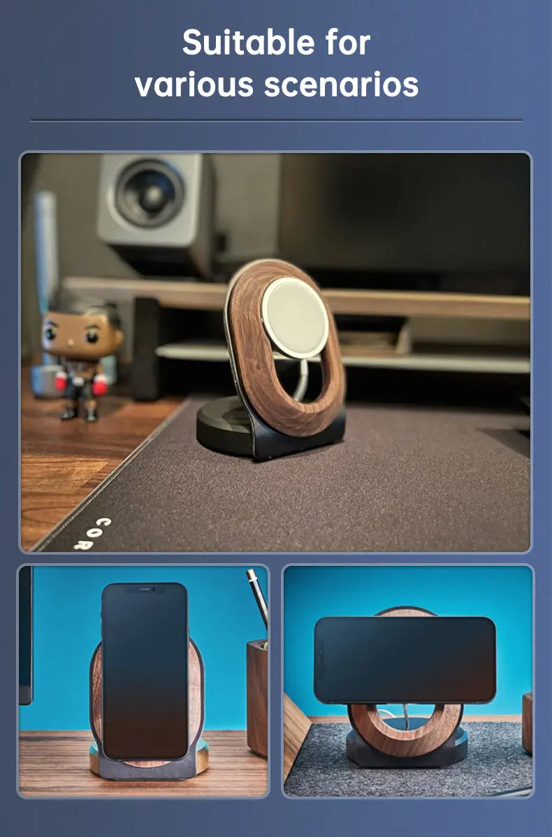 Wooden Desk Shelf Accessories Walnut Wireless Magnetic Charger Wireless Charging Stand For Magsafe eprolo