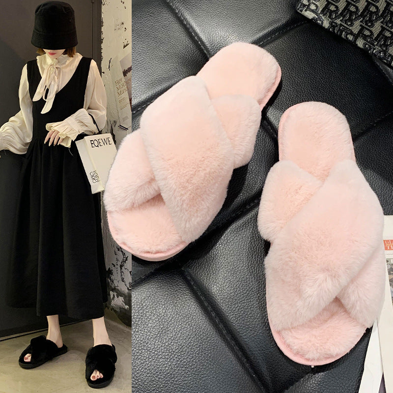 Hairy slippers with crossed rabbit fur and exposed toes eprolo