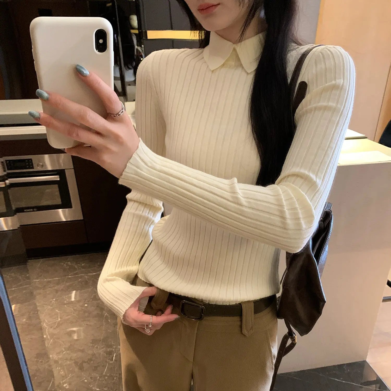Pique Collar Slim Fit Inner Layer Apricot Knit Top for Women Polo Shirt Elegant Blouse eprolo