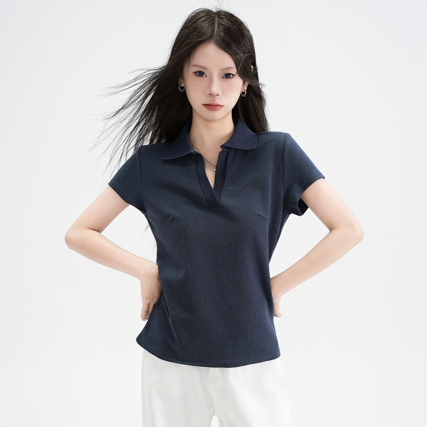 Chic Polo Collar Straight Shoulder Short Sleeve T-Shirt for Women eprolo