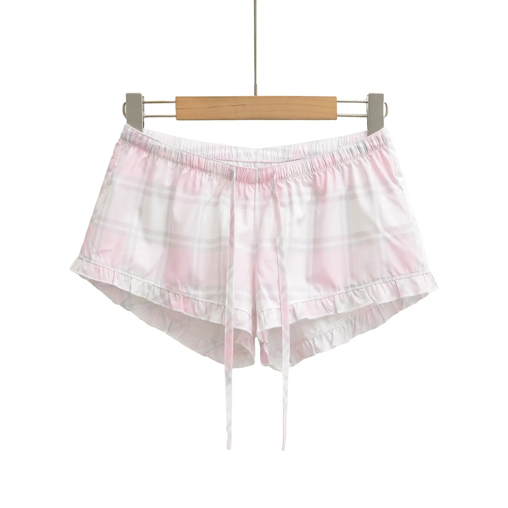 High waisted elastic waisted pink checkered shorts My Store
